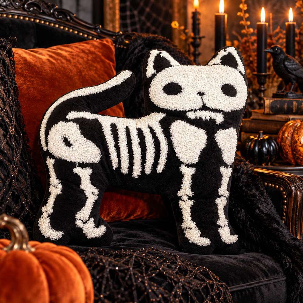 NWT Halloween Skeleton Cat Shaped Pillow Black White Hooked Gothic Spooky Decor